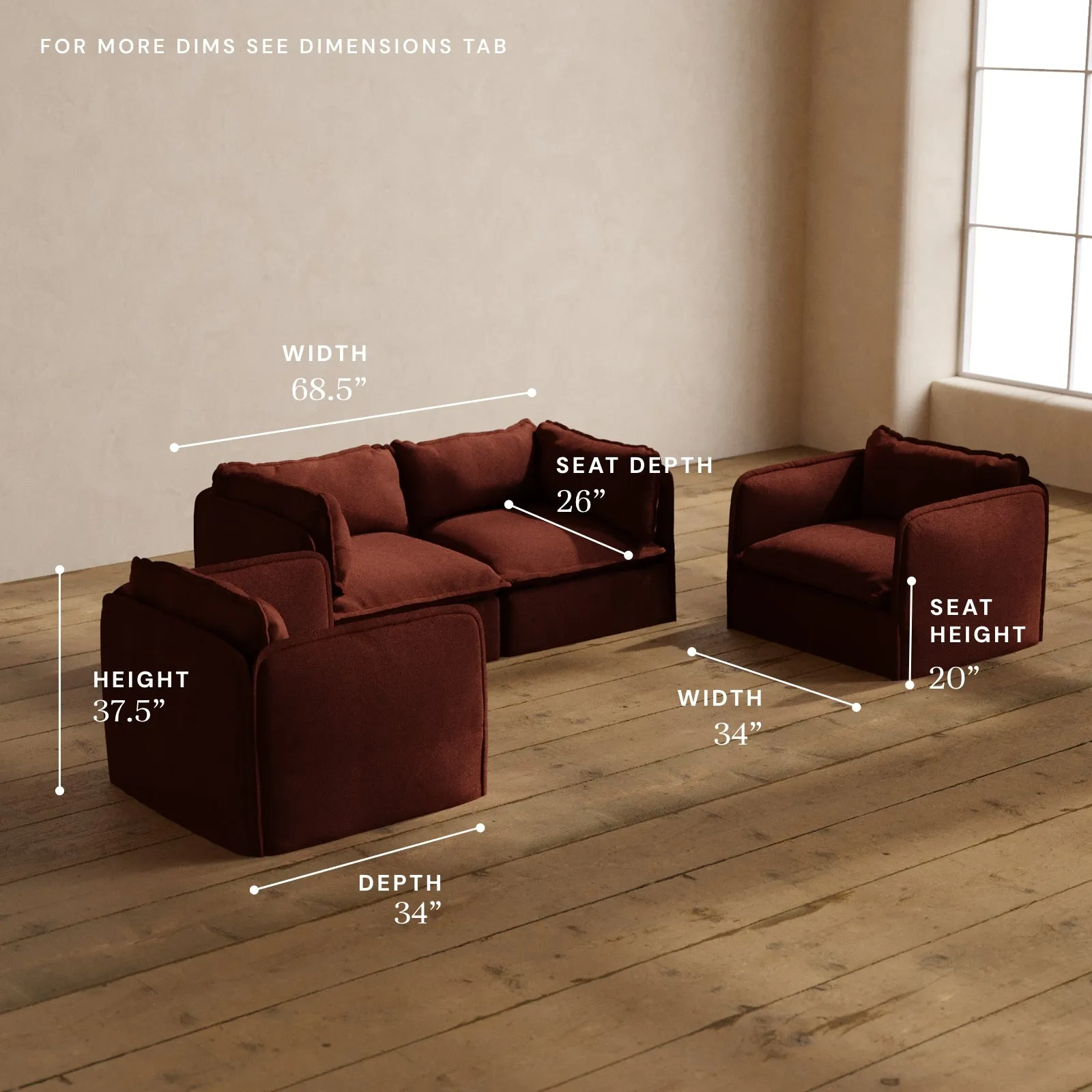 Modular Washable 2-Seater Sofa   Armchair Set in Rust | Deluxe  Seat | Cloud Pillow