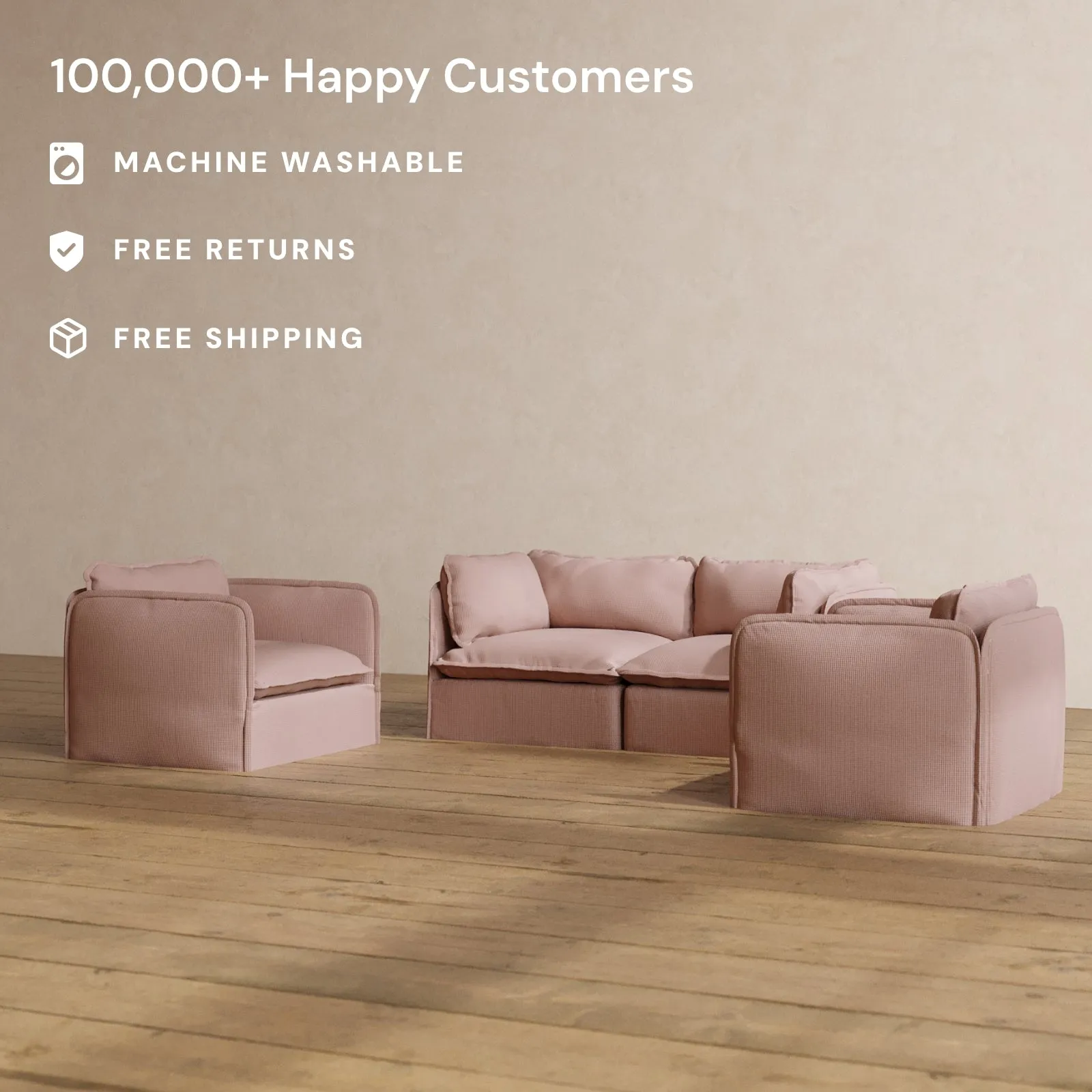 Modular Washable 2-Seater Sofa   Armchair Set in Sakura | Deluxe  Seat | Cloud Pillow