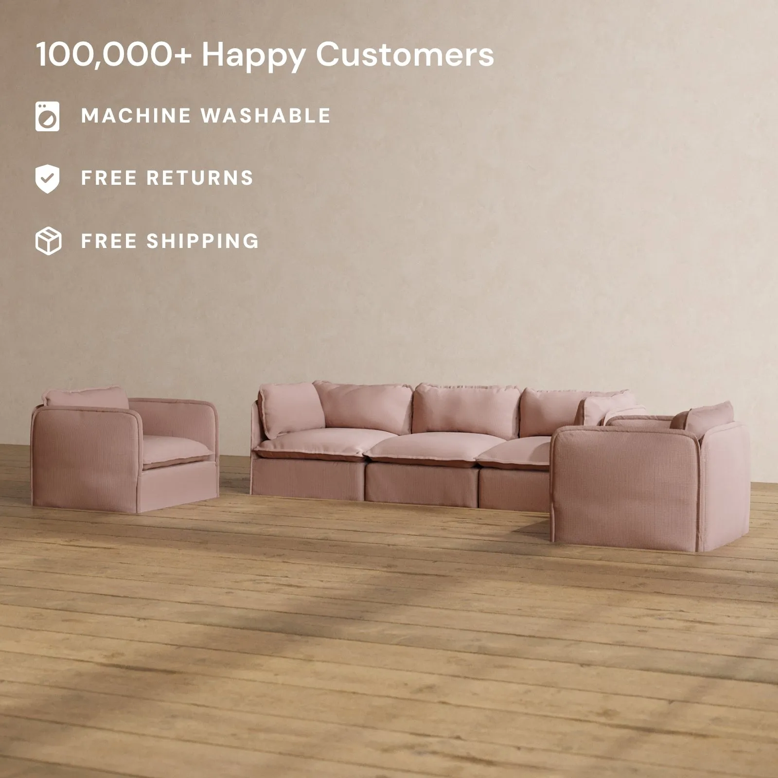 Modular Washable 3-Seater Sofa   Armchair Set in Sakura | Deluxe  Seat | Contour Pillow