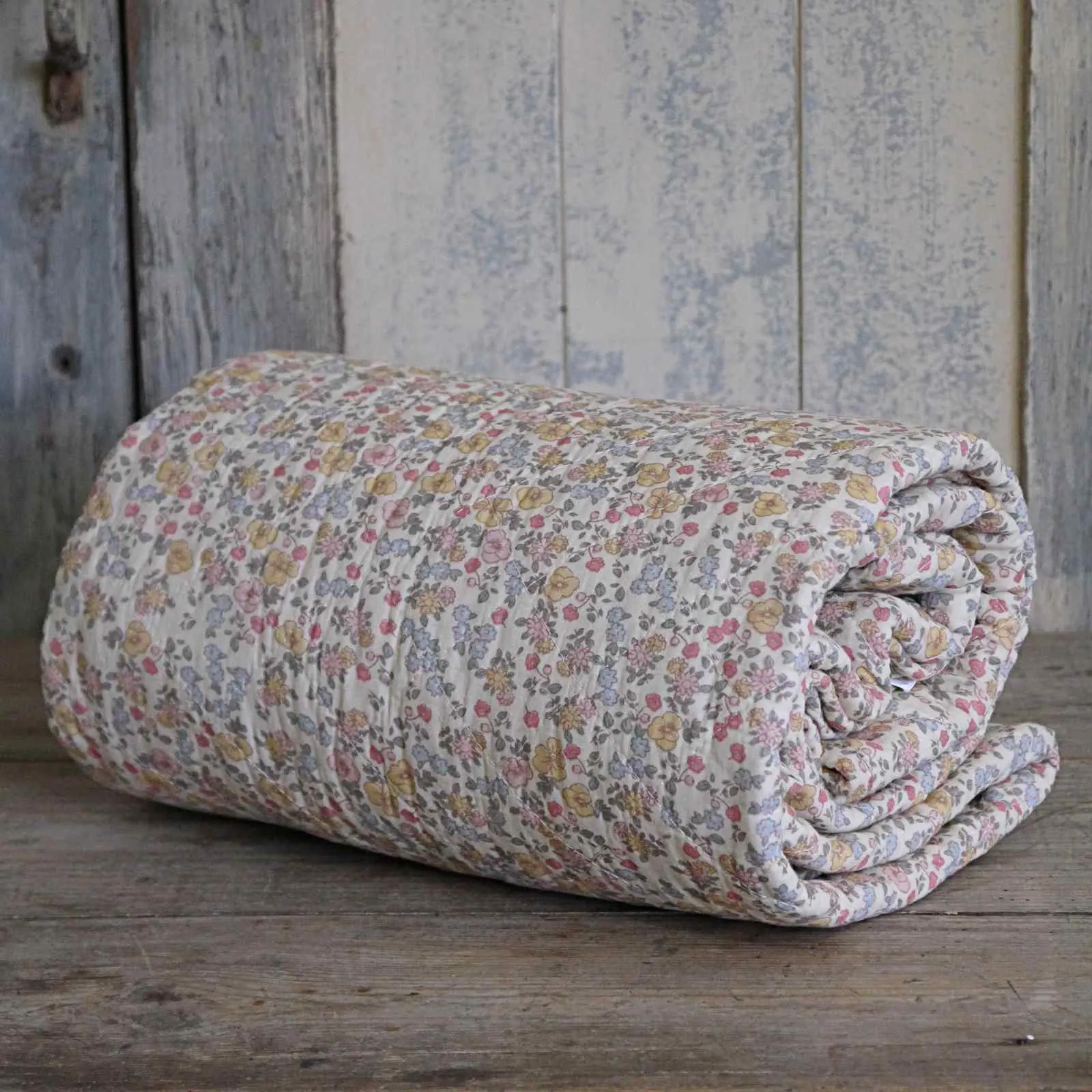 Quilted Bedspread - Pink, Yellow & Blue Flowers