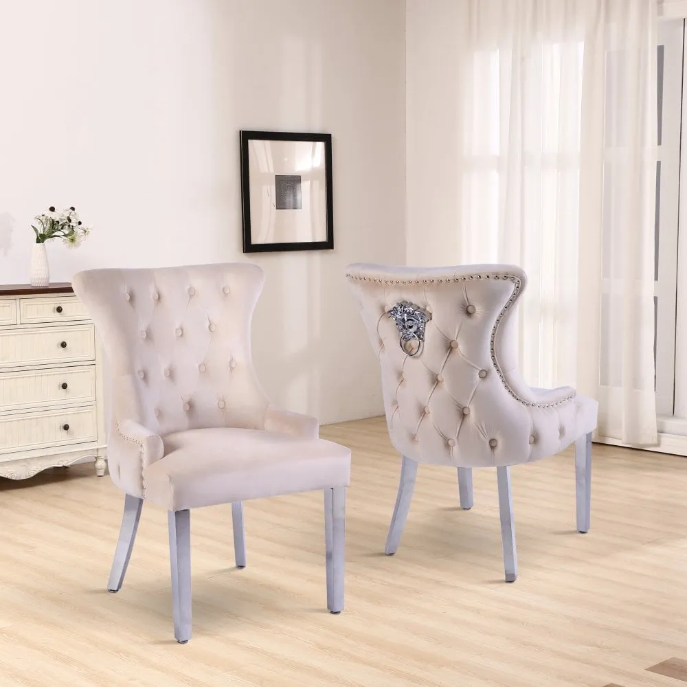 Set of Two Neo Cream Studded Velvet Dining Table Chair with Mirrored Legs