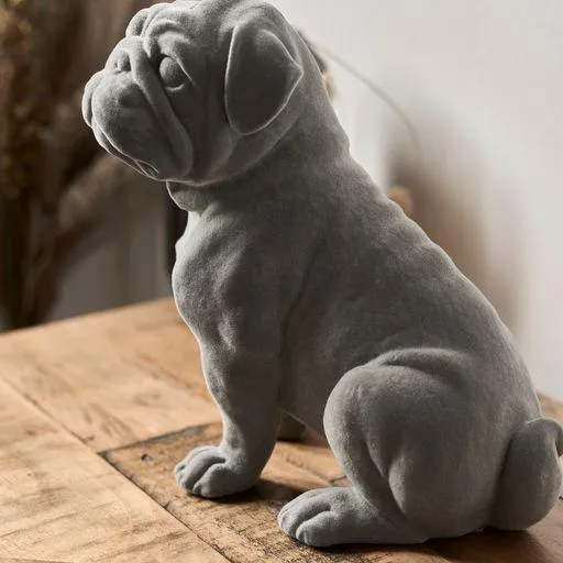 Sitting Pug Dog Figurine Grey Velvet Ornament