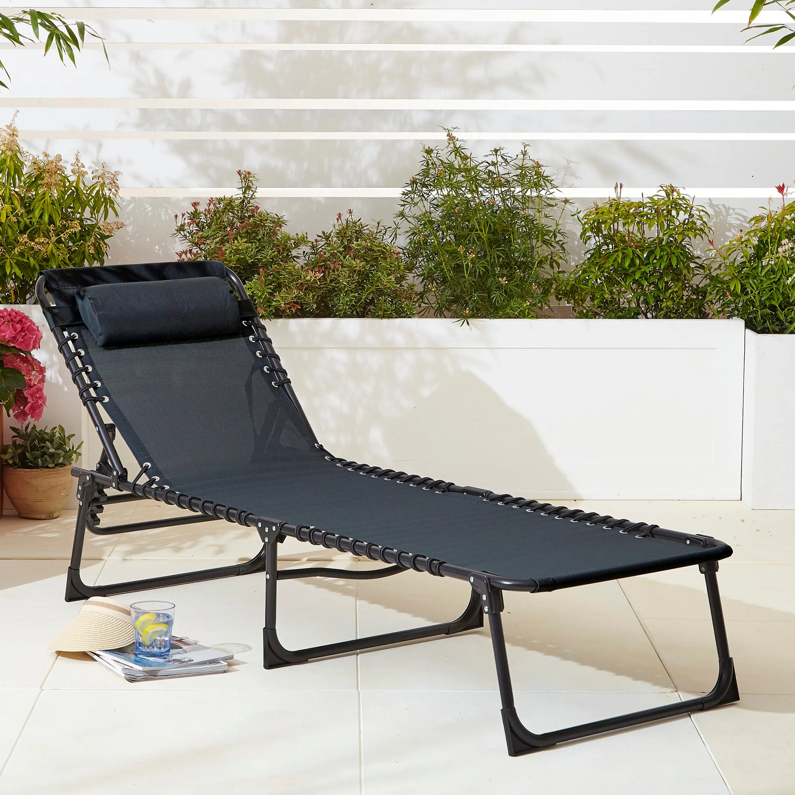 Two Neo Black Outdoor Folding Garden Sun Lounger