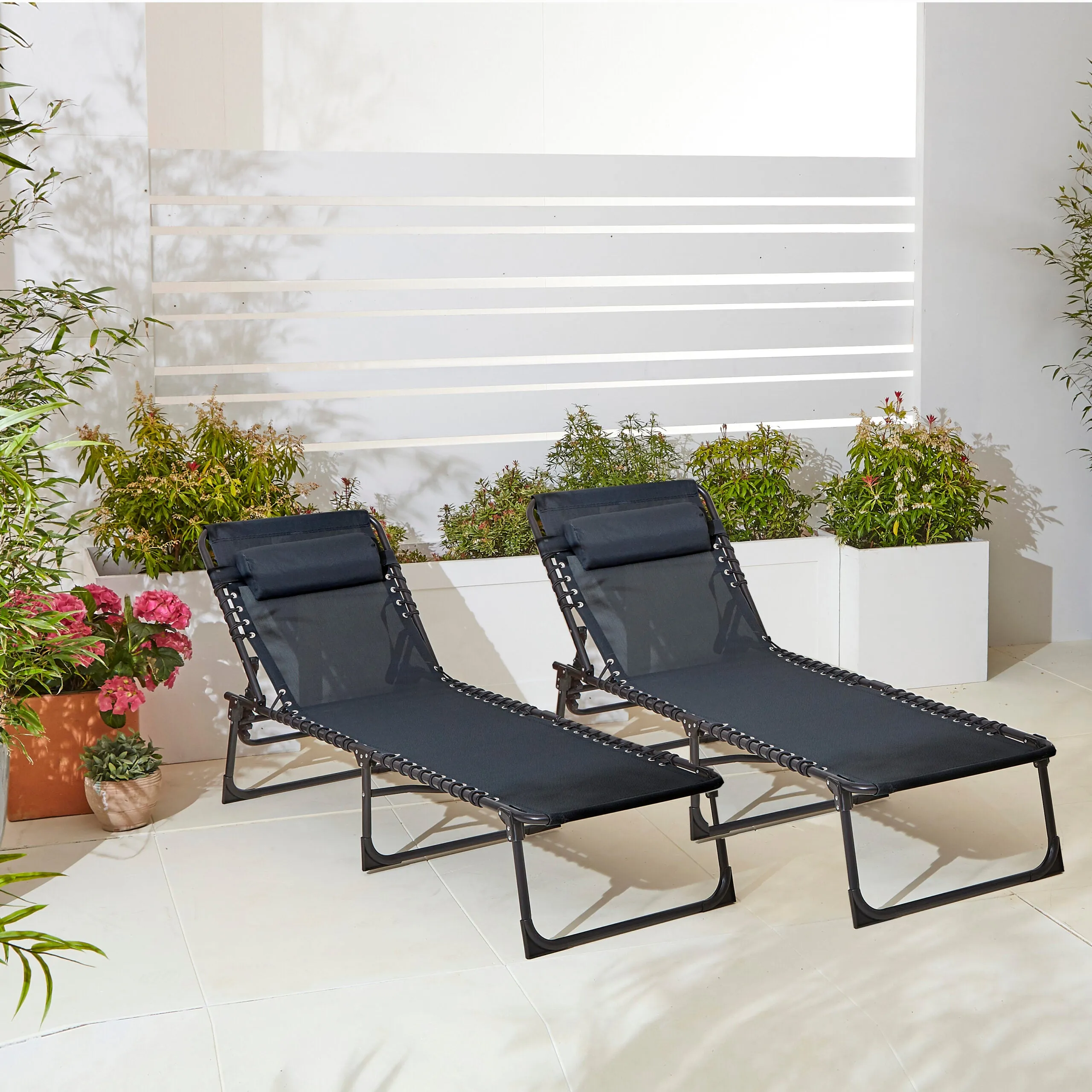 Two Neo Black Outdoor Folding Garden Sun Lounger