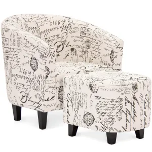 Upholstered Barrel Accent Chair Decor Furniture w/ Ottoman, Birch Wood Legs